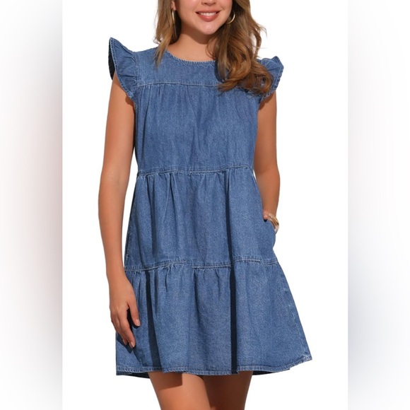 Allegra K Denim cap sleeve tiered mini Dress Sz M. Has pockets. NWT - Picture 1 of 10